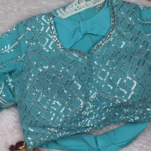 2727-2.png Turquoise Geometric Sequin Blouse with Diamond Lattice Embroidery
