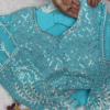 Turquoise Geometric Sequin Blouse with Diamond Lattice Embroidery