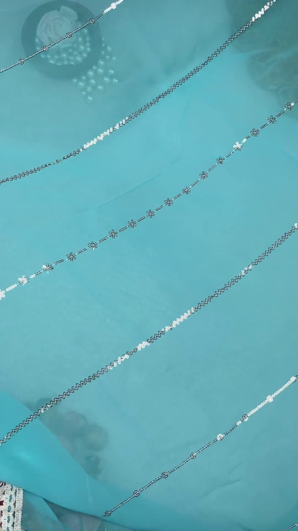 Turquoise Geometric Sequin Blouse with Diamond Lattice Embroidery