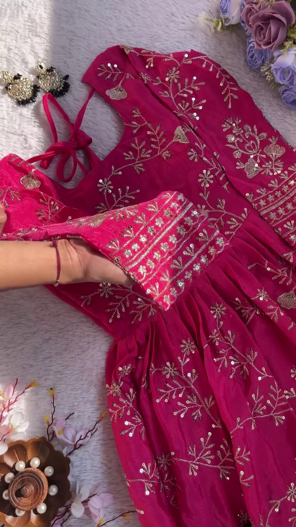 Hot Pink Silk-Blend Anarkali with Golden Floral Jaal and Sequin Highlights