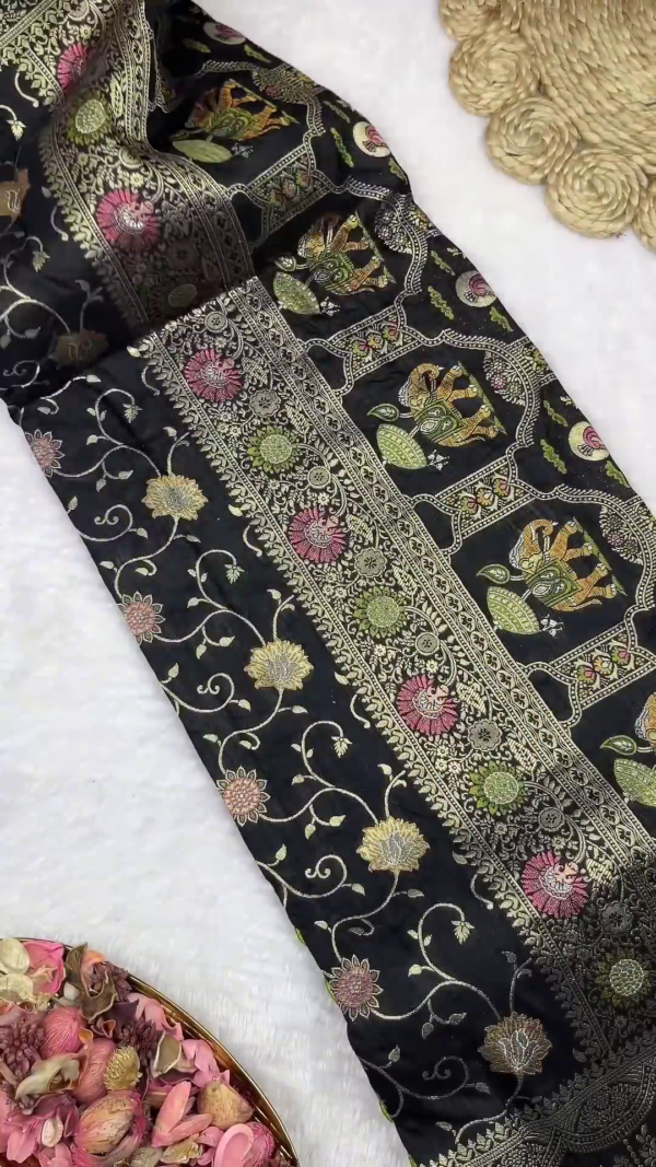 Midnight Black Patola-Print Silk Saree with Lime Green Scalloped Border