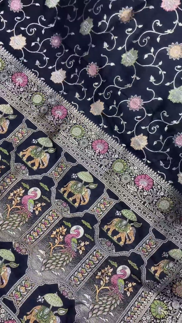 Midnight Black Patola-Print Silk Saree with Lime Green Scalloped Border