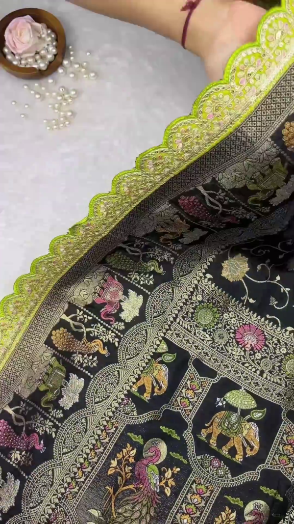 Midnight Black Patola-Print Silk Saree with Lime Green Scalloped Border