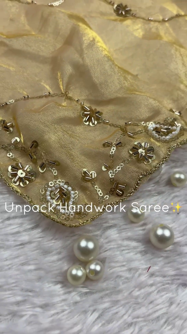 Champagne Gold Handwork Saree with Wine Velvet Border and Floral Zari