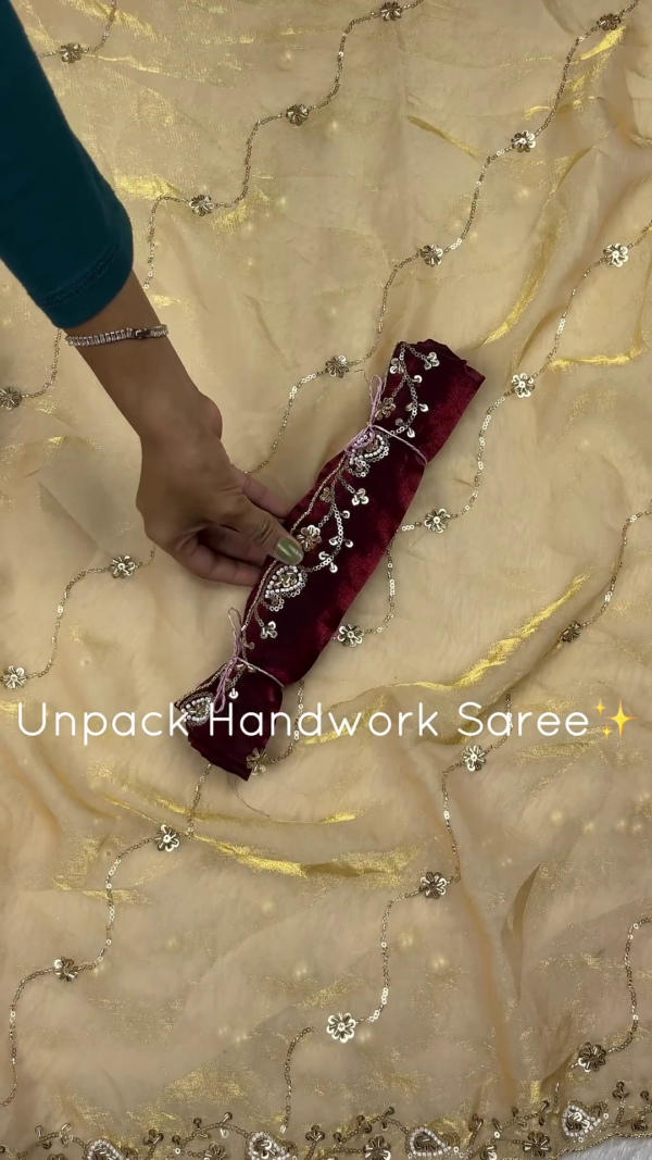 Champagne Gold Handwork Saree with Wine Velvet Border and Floral Zari