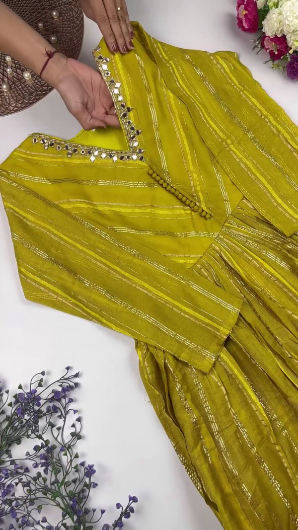 Jewel-Toned Gown with Lurex Stripes and Mirror-Work V-Neck