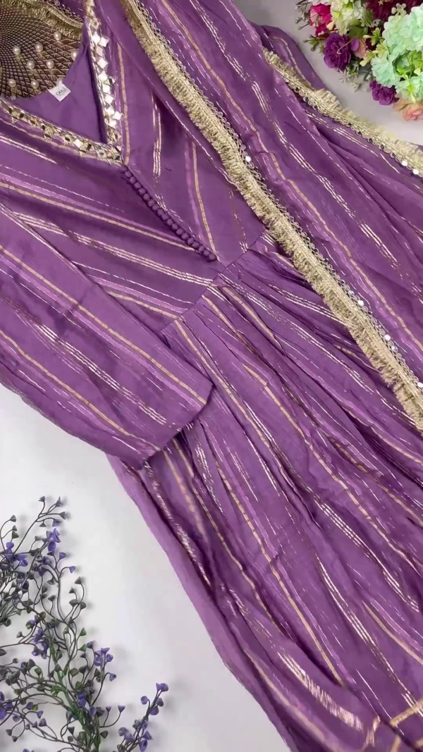 Jewel-Toned Gown with Lurex Stripes and Mirror-Work V-Neck