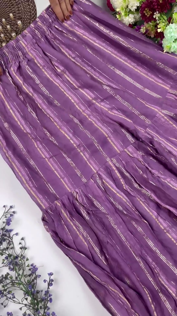 Jewel-Toned Gown with Lurex Stripes and Mirror-Work V-Neck