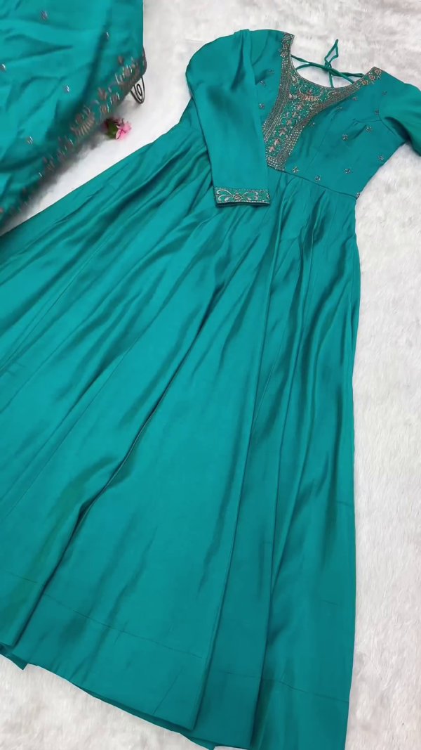 2734-3.png Emerald Teal Silk Anarkali Set with Intricate Zari and Threadwork Bodice