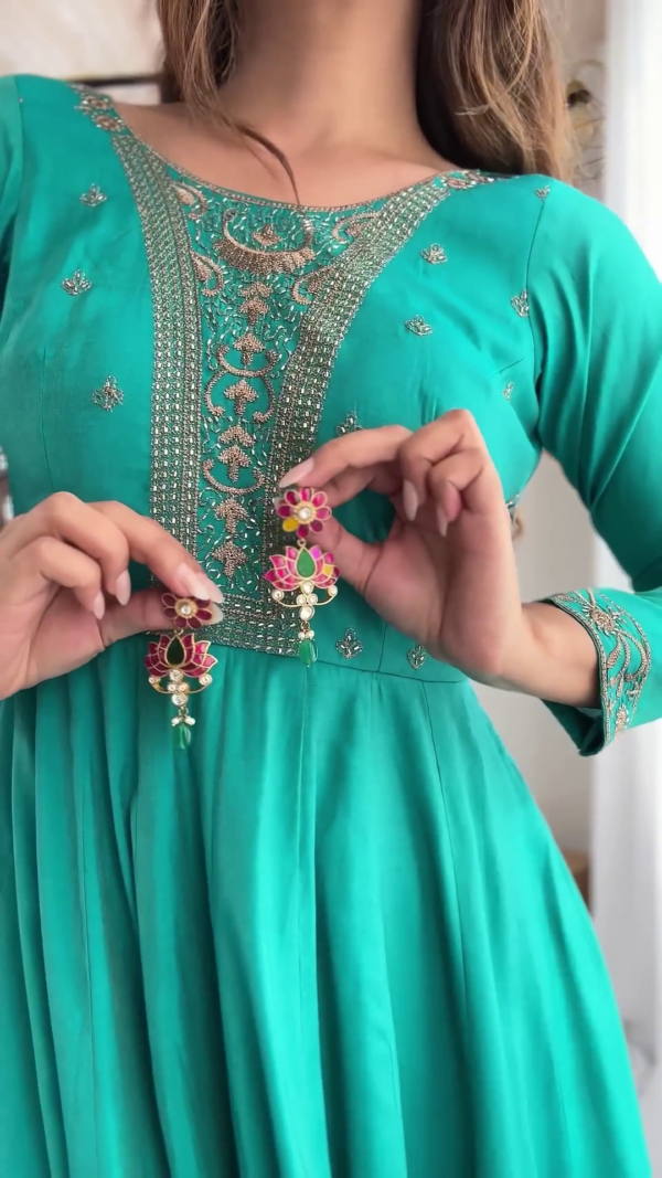 2734-5.png Emerald Teal Silk Anarkali Set with Intricate Zari and Threadwork Bodice