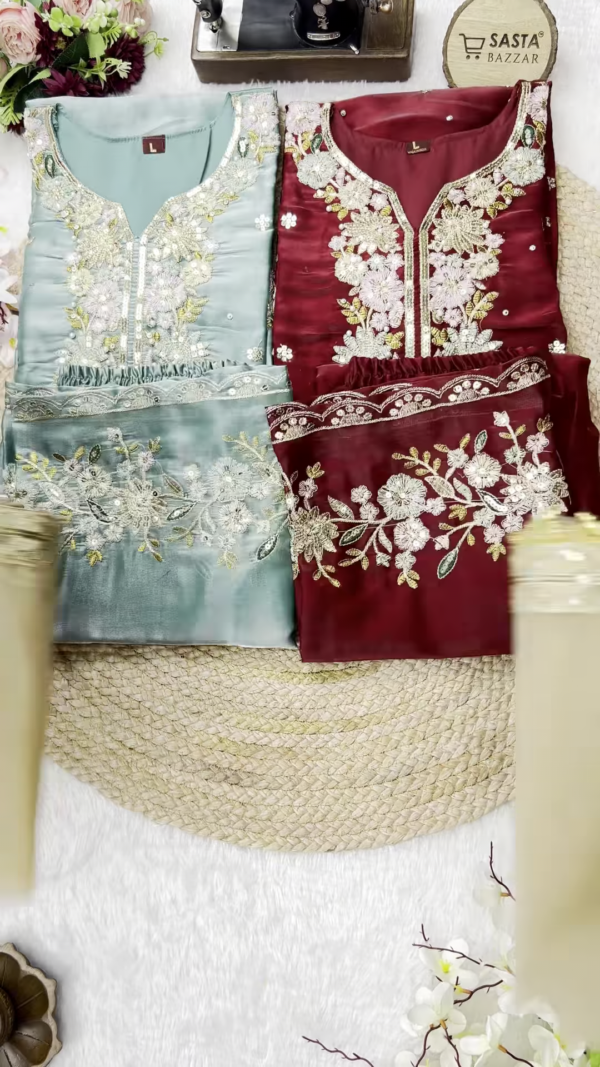 Exquisite Organza Silk Suit with Hand-Embroidered Floral Neckline and Scalloped Borders