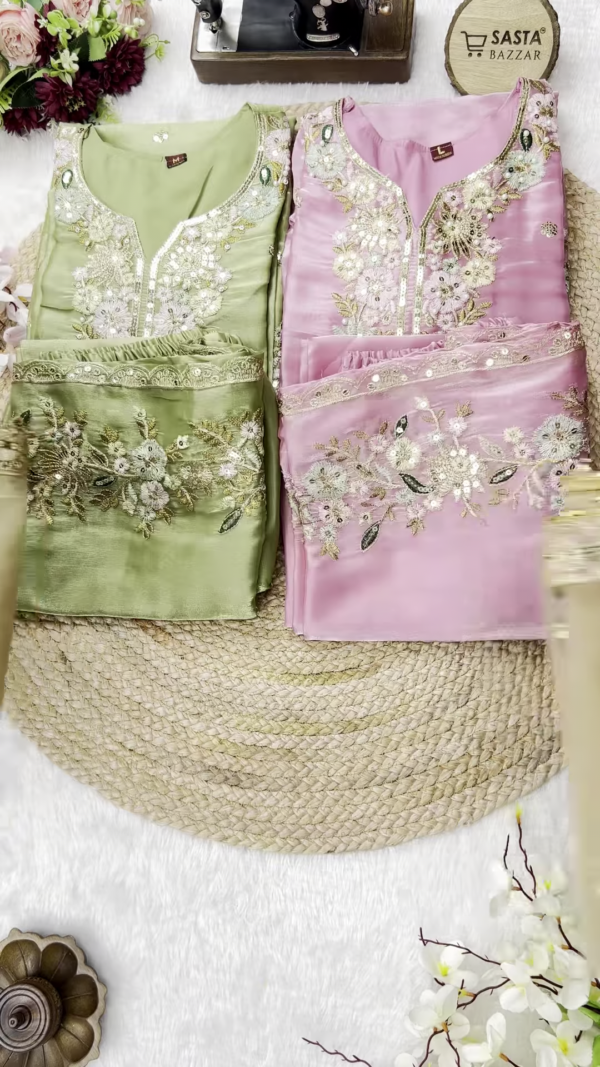 Exquisite Organza Silk Suit with Hand-Embroidered Floral Neckline and Scalloped Borders