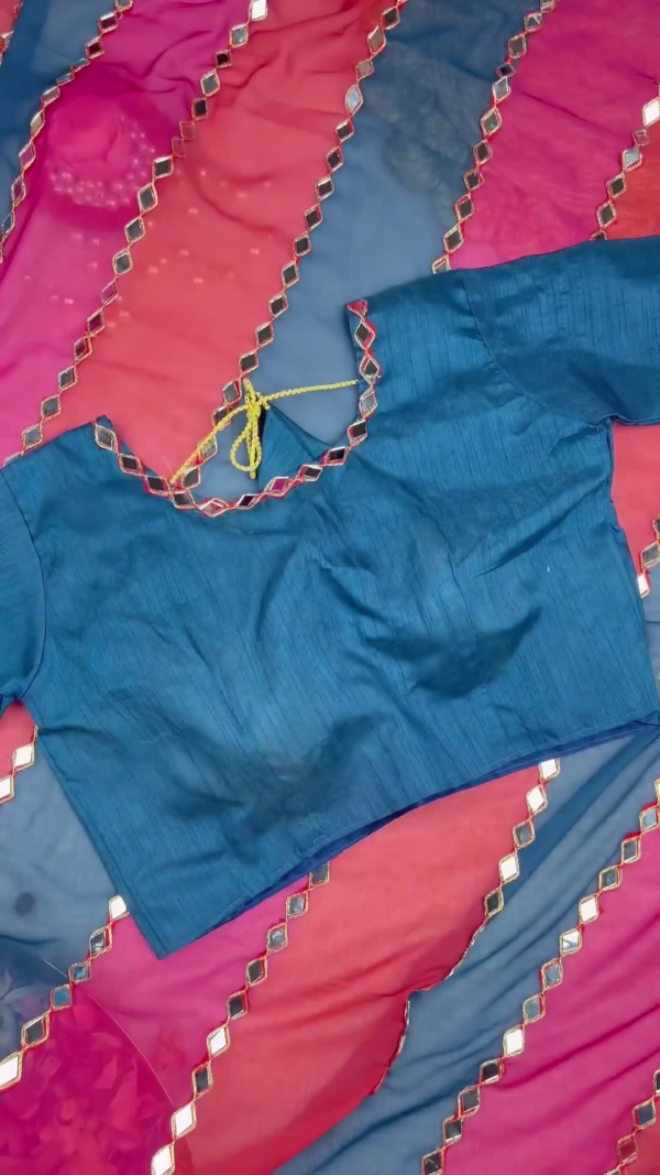 Teal Silk-Blend Blouse with Diamond Mirror-Work Neckline