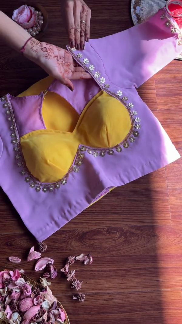 Lavender and Mustard Contrast Silk-Blend Blouse with Floral Sequin Borders