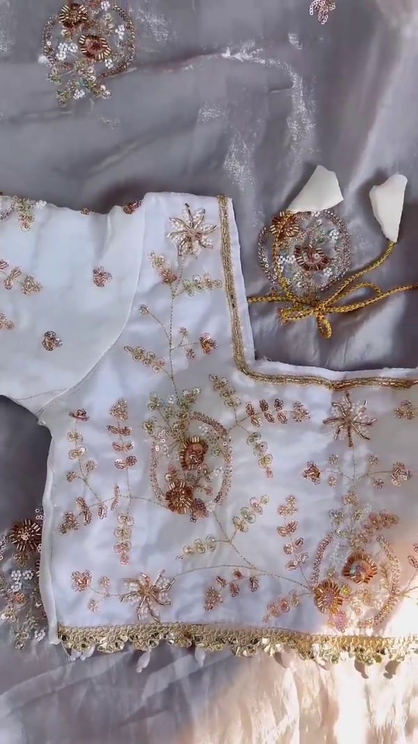 Ivory Organza Blouse with Hand-Embroidered Floral Vines and Pearl Droplets