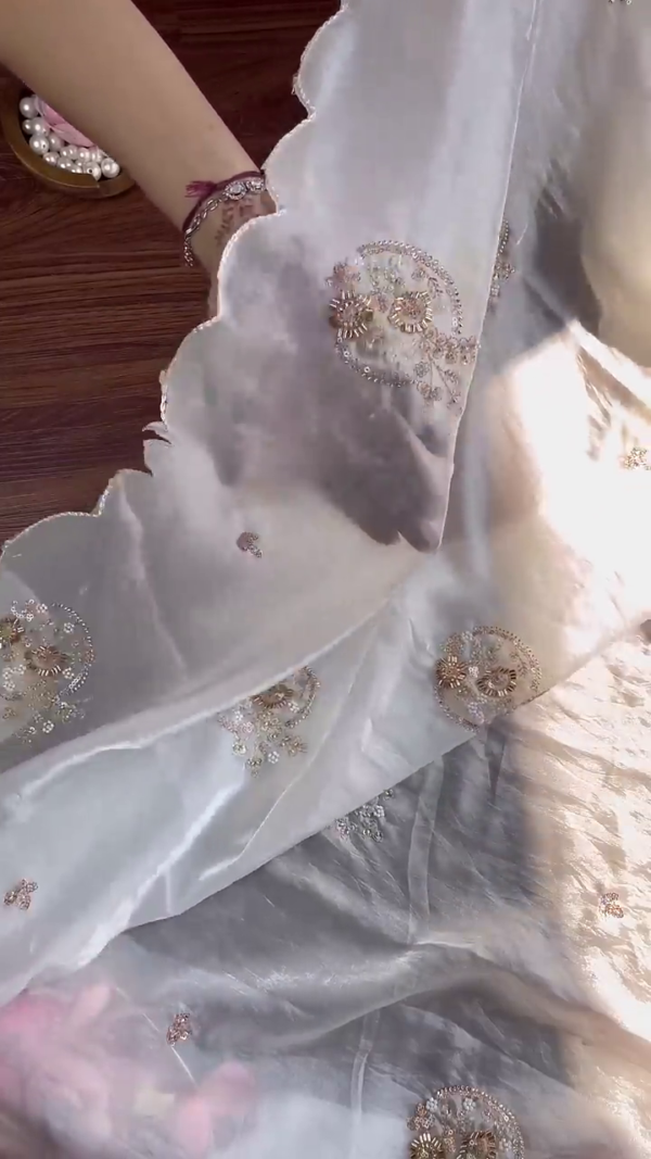 Ivory Organza Blouse with Hand-Embroidered Floral Vines and Pearl Droplets