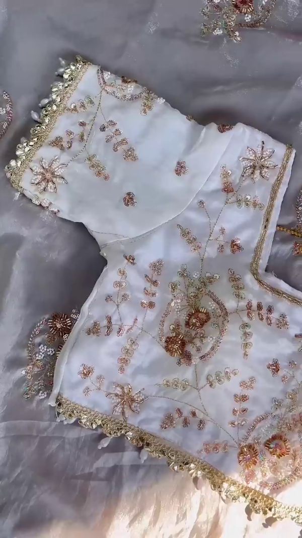 Ivory Organza Blouse with Hand-Embroidered Floral Vines and Pearl Droplets