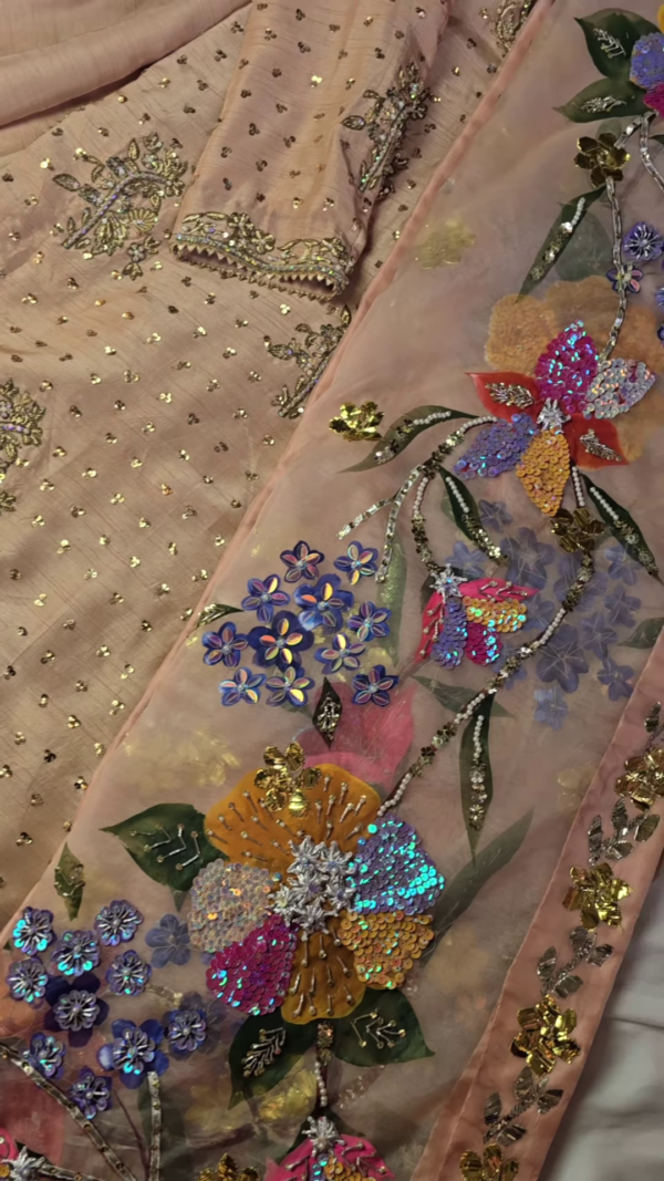 Blossom Radiance Peach Sequin Embroidered Suit Set