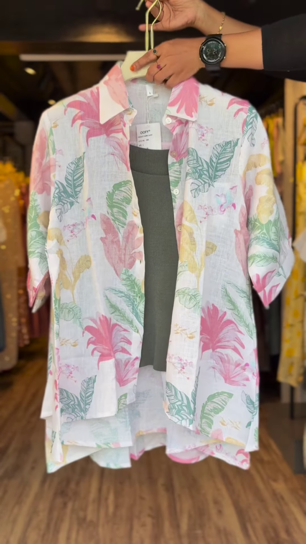 Tropic Whisper Cotton Shirt – Pastel Leaf Print Resortwear