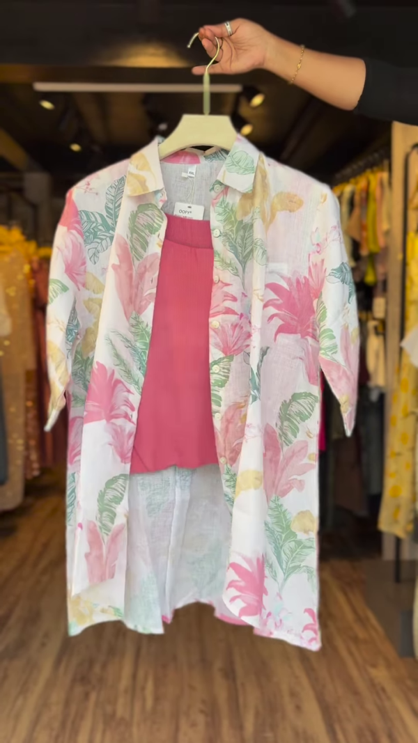Tropic Whisper Cotton Shirt – Pastel Leaf Print Resortwear