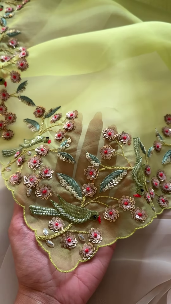 Peach Pink & Lime Green Embroidered Organza Suit Set
