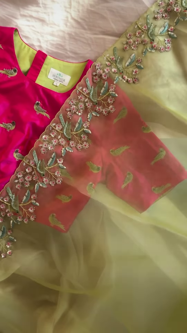 Peach Pink & Lime Green Embroidered Organza Suit Set