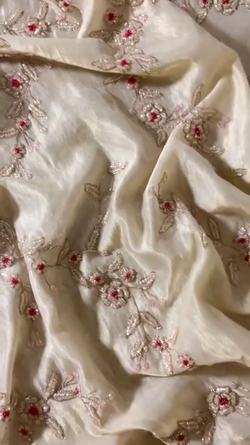 Ivory Organza with Pink Floral Hand Embroidery – Unstitched Fabric
