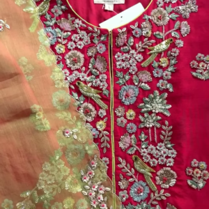 283-1.png Crimson Red Bird Motif Embroidered Blouse & Dupatta Set