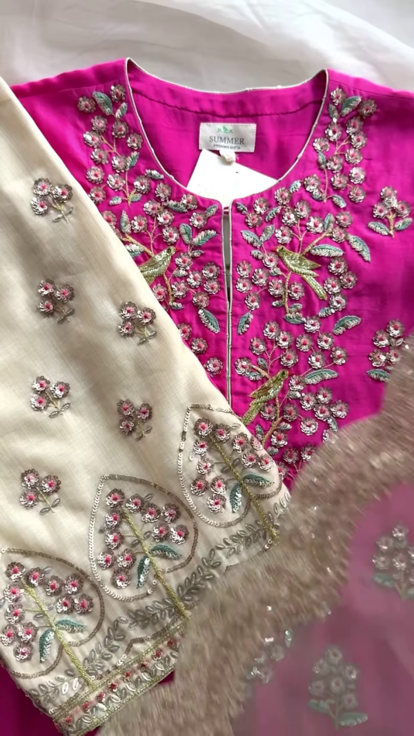 Crimson Red Bird Motif Embroidered Blouse & Dupatta Set