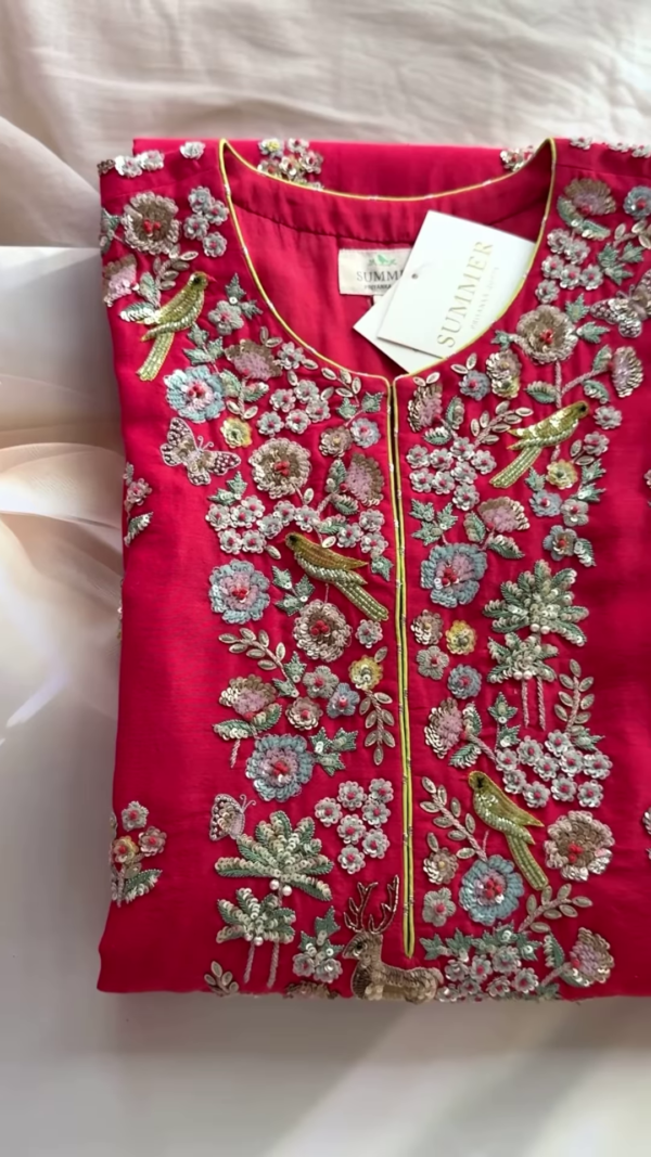 Crimson Red Bird Motif Embroidered Blouse & Dupatta Set