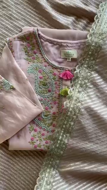 Pastel Pink Paisley Embroidered Kurta with Tassel Accents