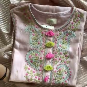 284-2.png Pastel Pink Paisley Embroidered Kurta with Tassel Accents
