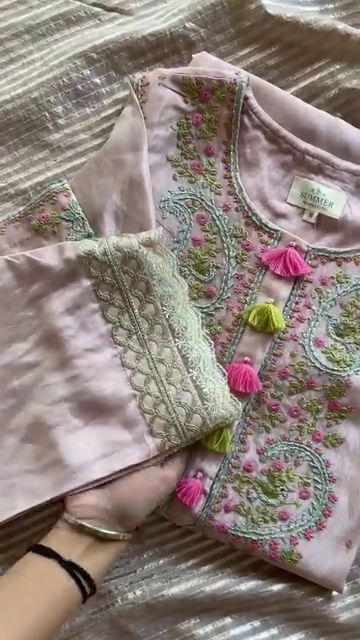Pastel Pink Paisley Embroidered Kurta with Tassel Accents