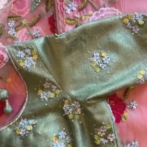 286-1.png Olive Green Sequin Embroidered Blouse with Floral Net Dupatta