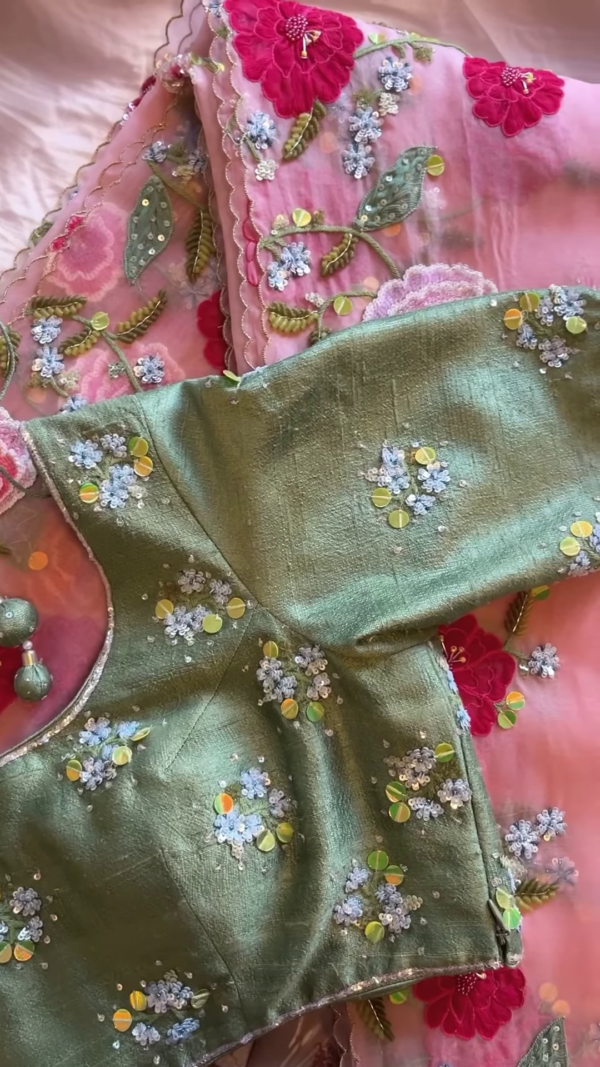 286-1.png Olive Green Sequin Embroidered Blouse with Floral Net Dupatta