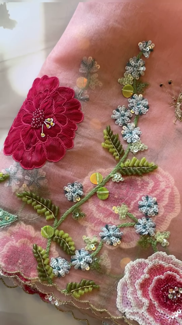 286-2.png Olive Green Sequin Embroidered Blouse with Floral Net Dupatta