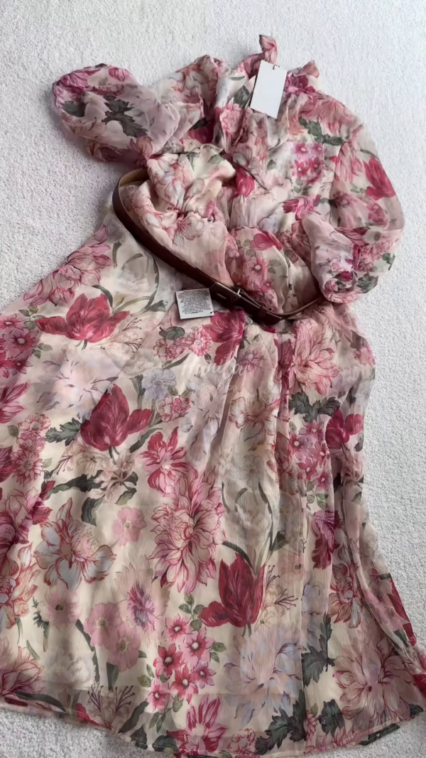 Vintage Rose Floral Chiffon Dress with Belt