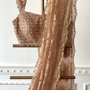 288-1.png Champagne Gold Sequin Embroidered Lace Saree with Designer Blouse