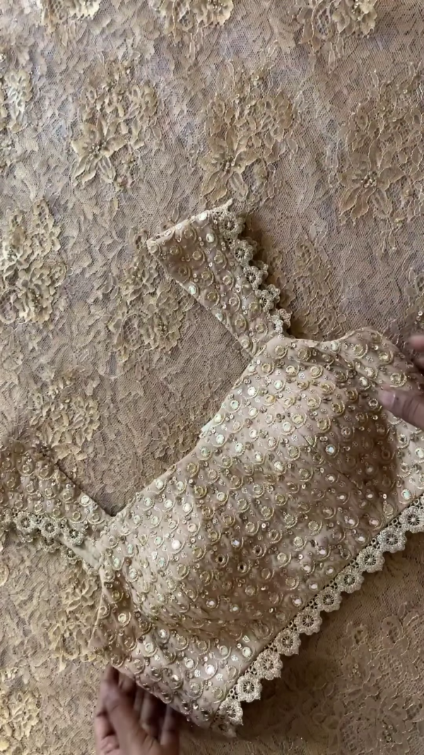 Champagne Gold Sequin Embroidered Lace Saree with Designer Blouse