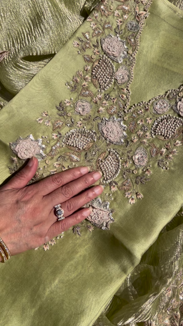 Olive Green Metallic Silk Embroidered Suit Set with Pearl Detailing