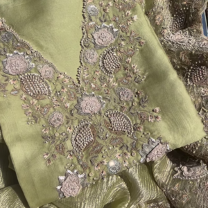 289-2.png Olive Green Metallic Silk Embroidered Suit Set with Pearl Detailing