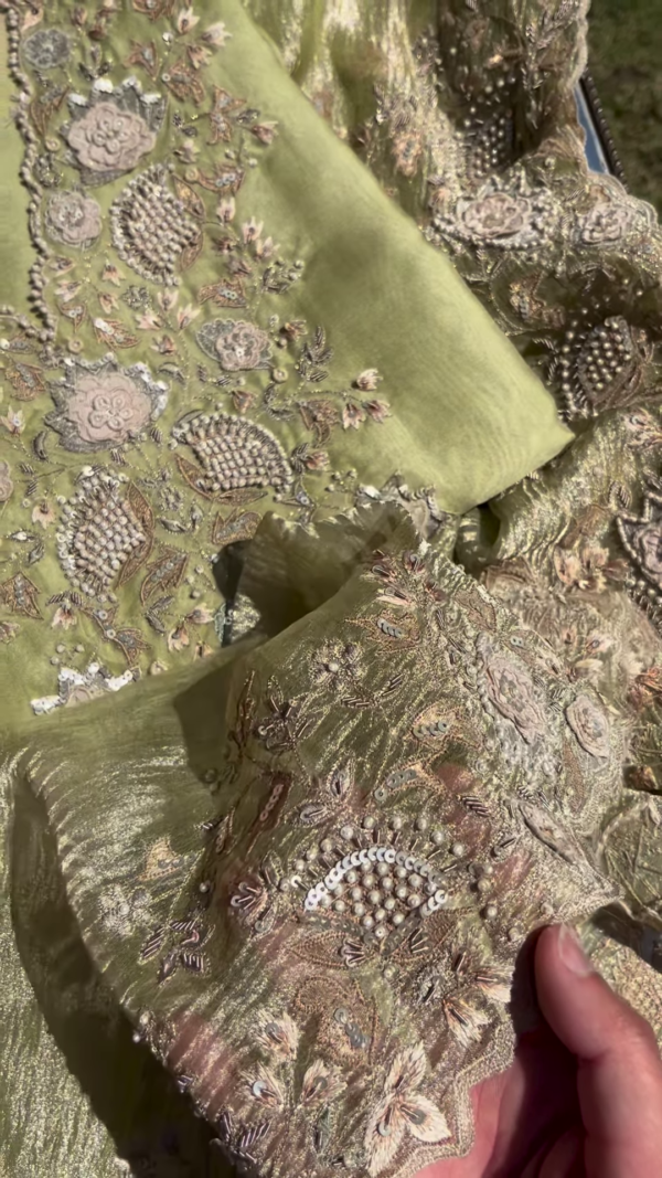 Olive Green Metallic Silk Embroidered Suit Set with Pearl Detailing