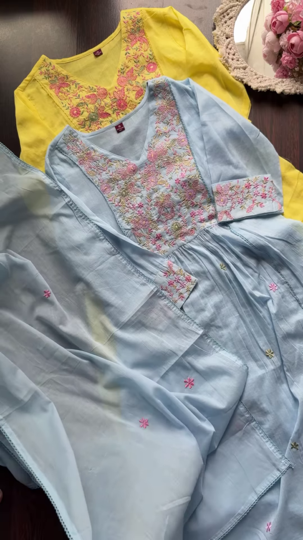 Pastel Cotton Kurta Sets with Hand Embroidered Neckline – Set of 2 (Sky Blue & Yellow)