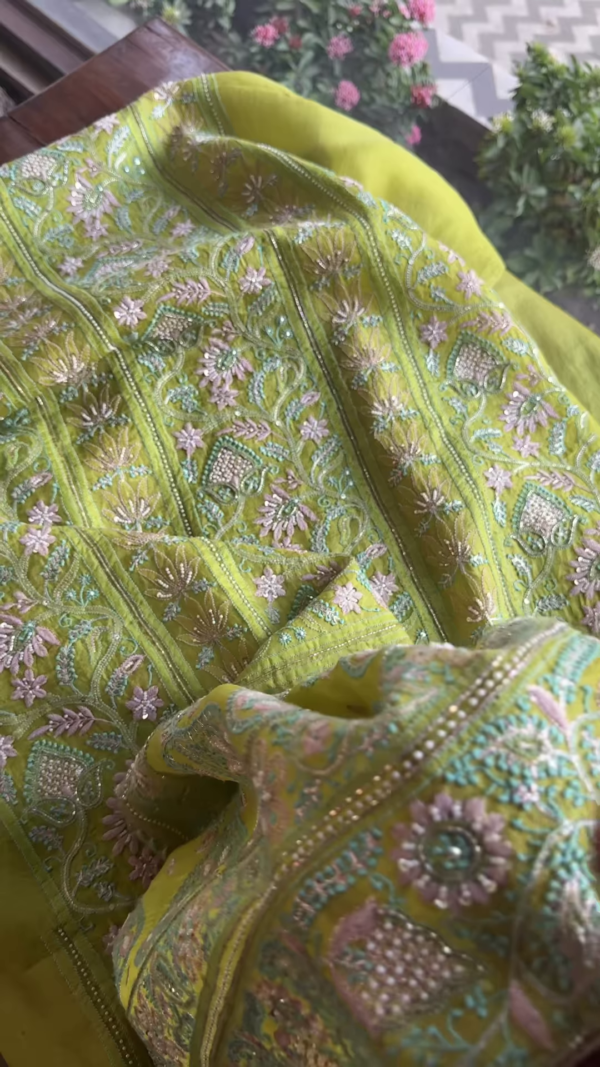 Zarqa Lime Olive Hand-Embroidered Silk Suit with Paisley Motifs
