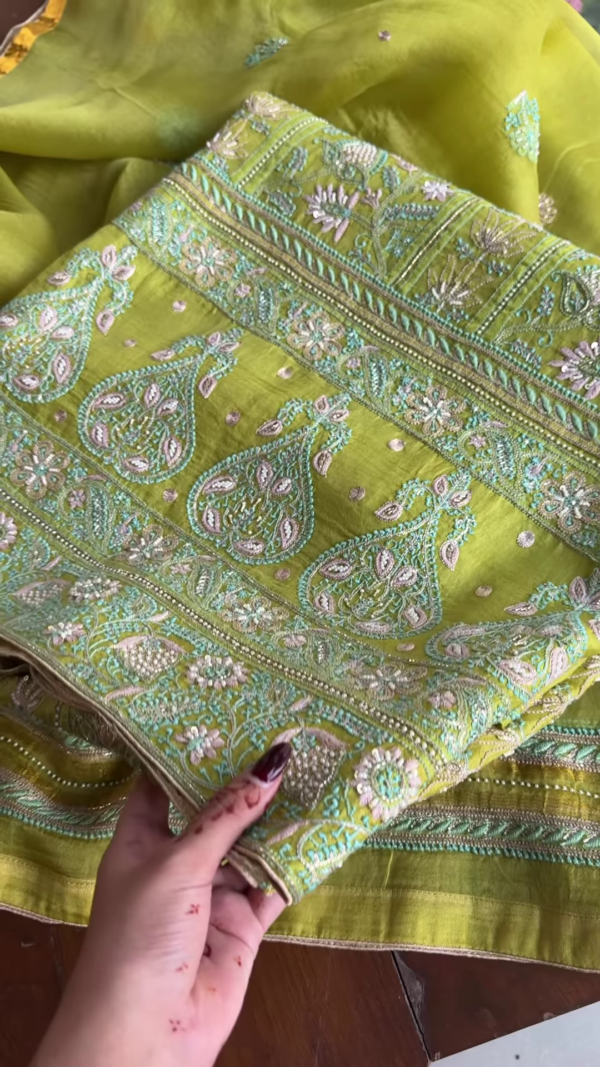 Zarqa Lime Olive Hand-Embroidered Silk Suit with Paisley Motifs