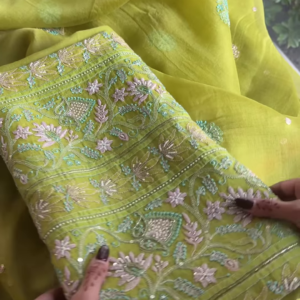 296-3.png Zarqa Lime Olive Hand-Embroidered Silk Suit with Paisley Motifs