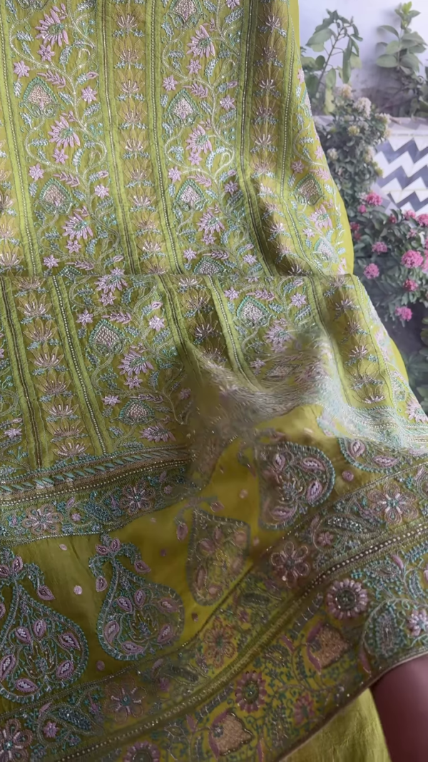 Zarqa Lime Olive Hand-Embroidered Silk Suit with Paisley Motifs
