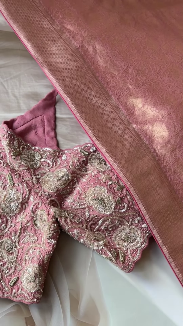 Noorani Dusty Rose Hand-Embroidered Blouse with Jacquard Silk Dupatta