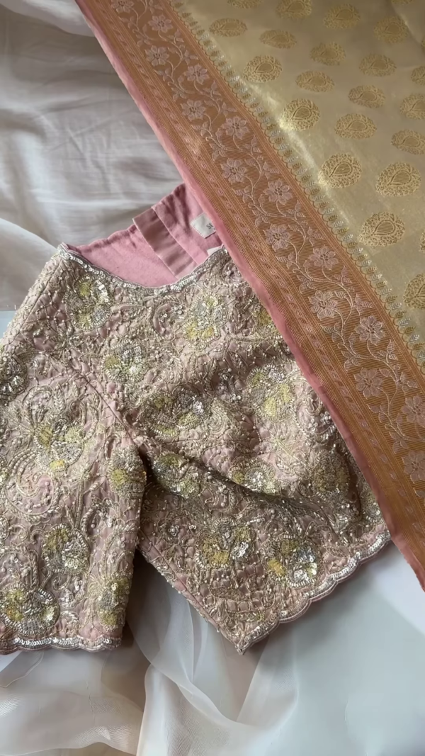 Noorani Dusty Rose Hand-Embroidered Blouse with Jacquard Silk Dupatta