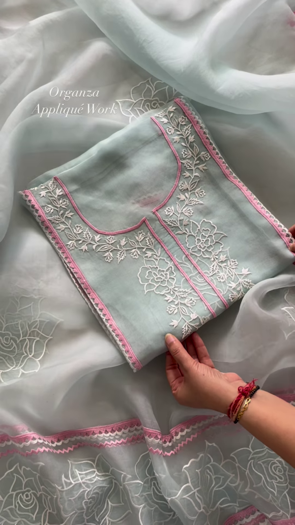 350-1.png Sky Blue Organza Appliqué Work Unstitched Suit Set